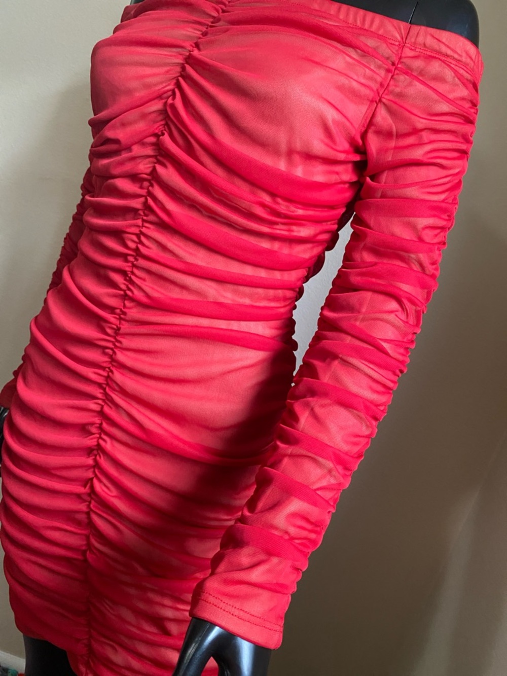 Va Va Voom Red Ruched Mesh Midi Dress - Picture 11 of 13